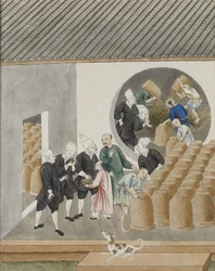 Comerciantes holandeses de la VOC con turbante huelen té para verificar su calidad en un almacén de té en Cantón (Guangzhou), c.1770